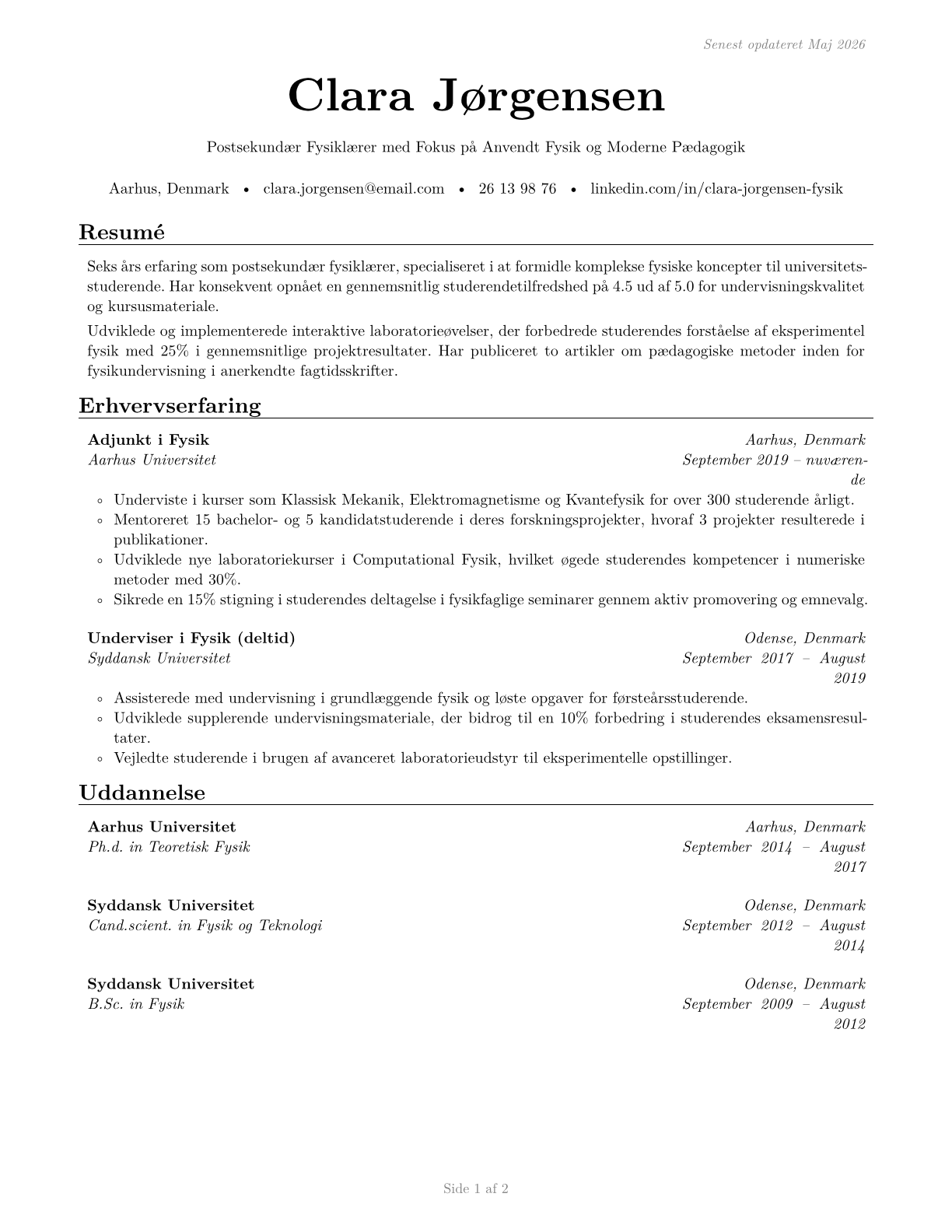 Physics Teachers, Postsecondary CV in Danish — page 1