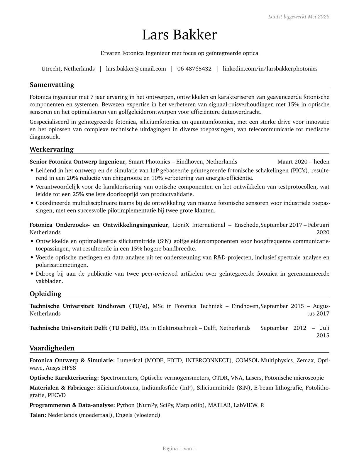 Photonics Engineers CV in Dutch — page 1