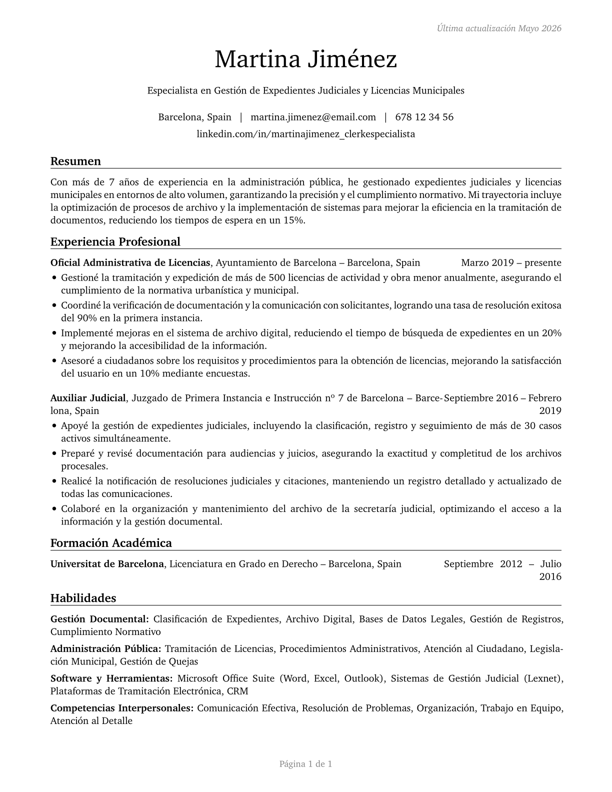 Court, Municipal, and License Clerks CV in Spanish — page 1