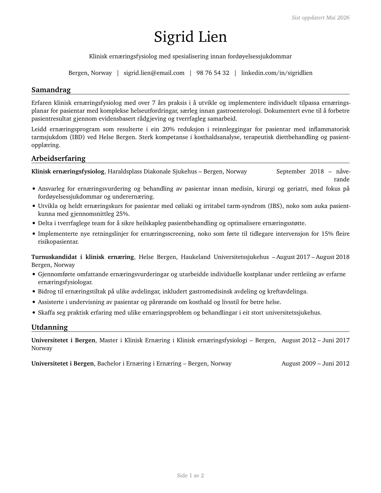 Dietitians and Nutritionists CV in Norwegian_nynorsk — page 1