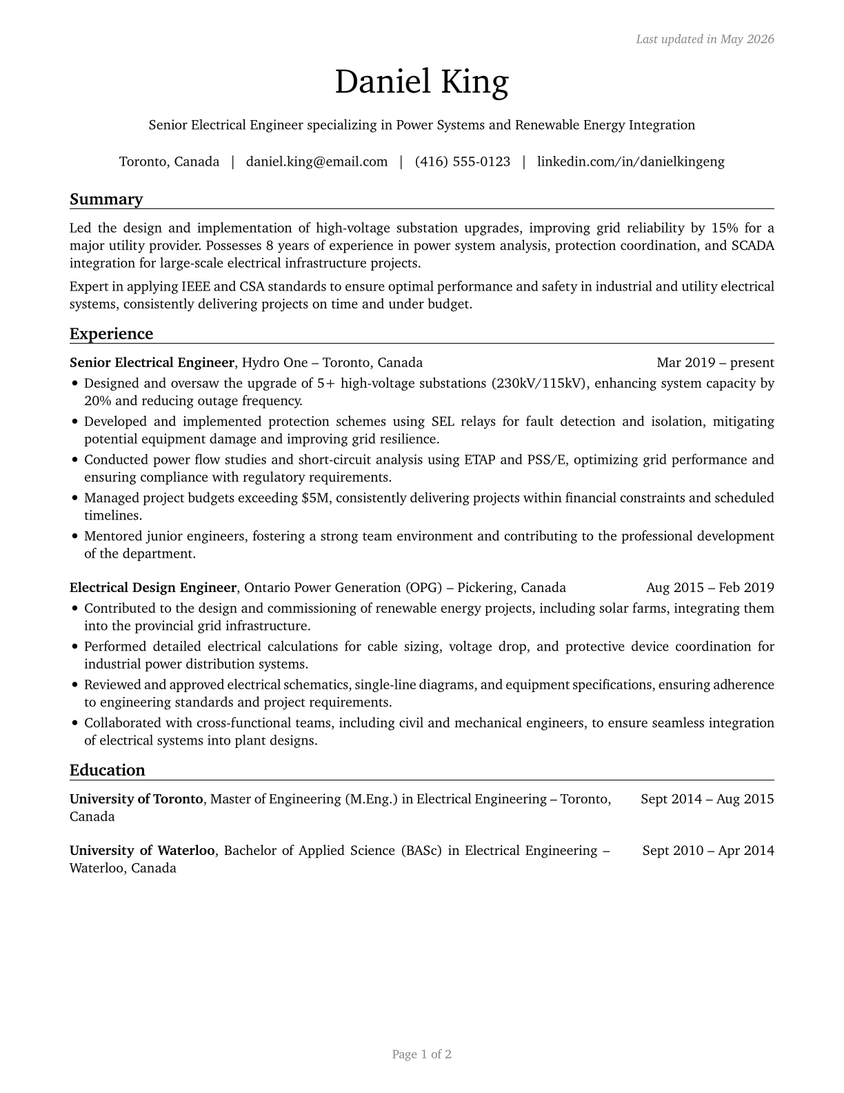 Electrical Engineers CV in English — page 1