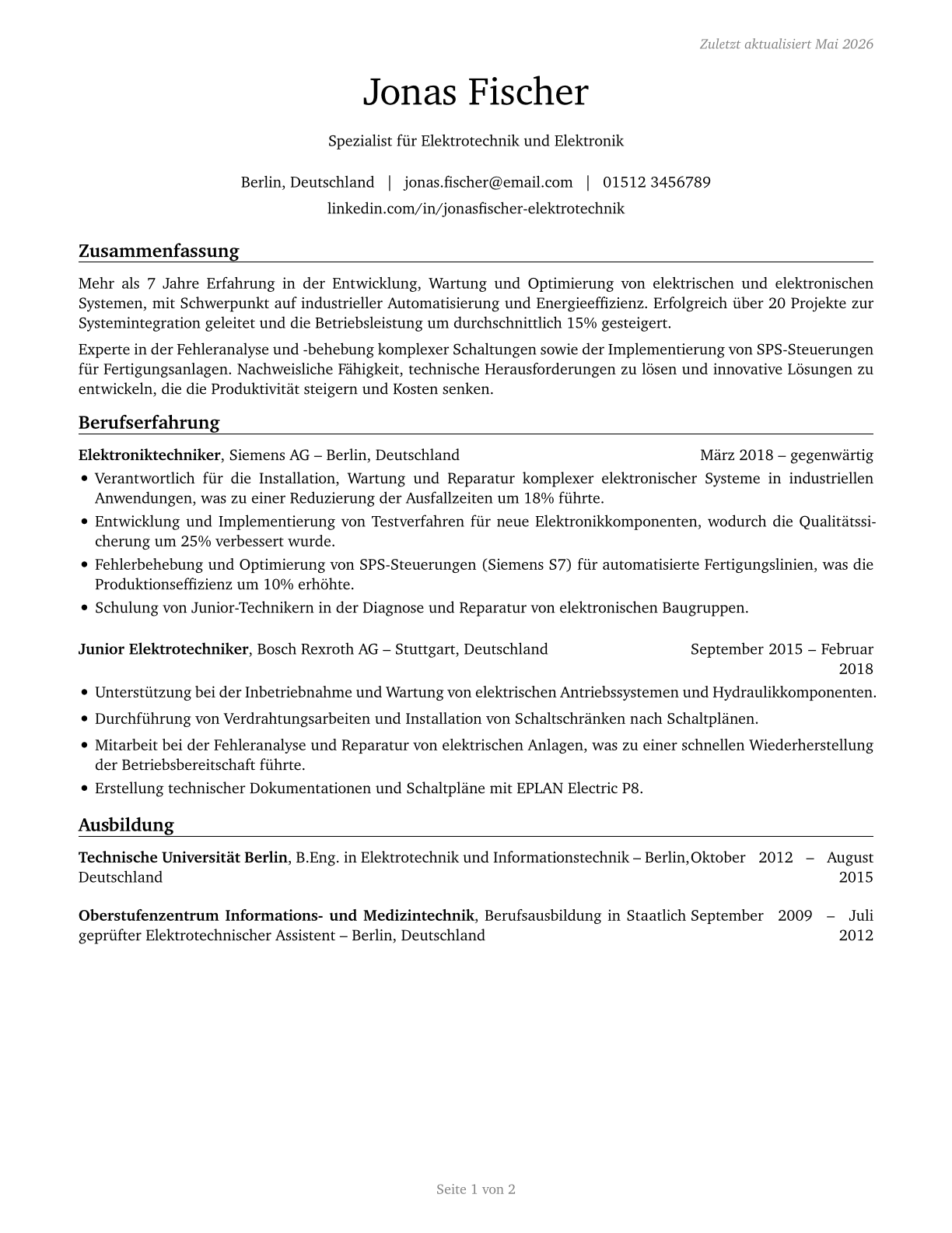 Electrical and Electronic Engineering Technologists and Technicians CV in German — page 1