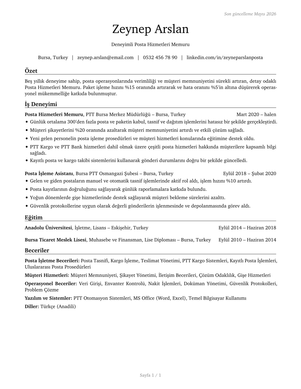 Postal Service Clerks CV in Turkish — page 1