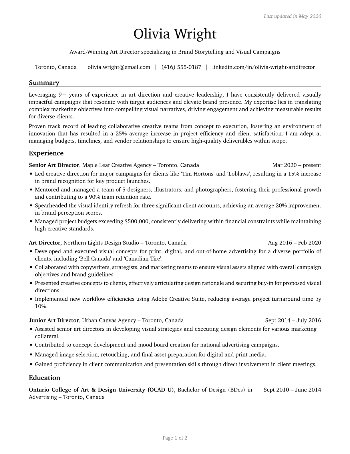 Art Directors CV in English — page 1