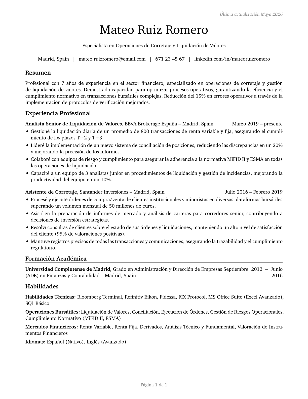Brokerage Clerks CV in Spanish — page 1
