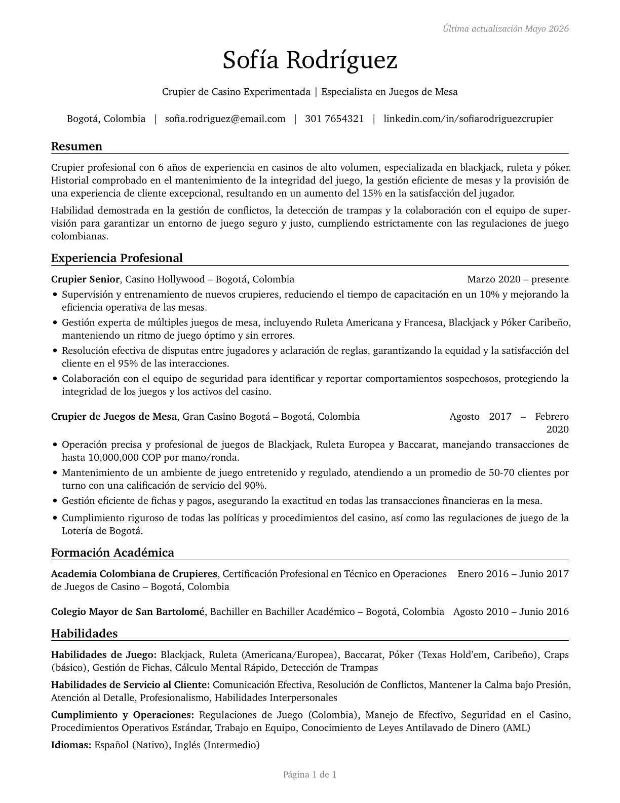 Gambling Dealers CV in Spanish — page 1
