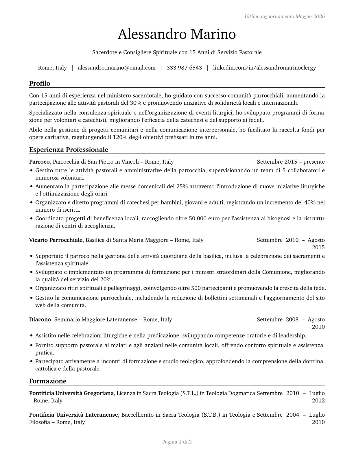 Clergy CV in Italian — page 1