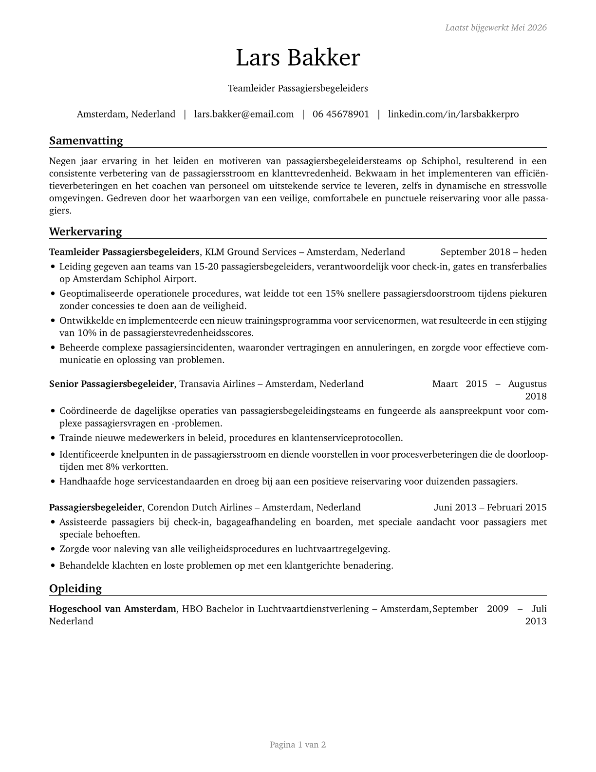 First-Line Supervisors of Passenger Attendants CV in Dutch — page 1