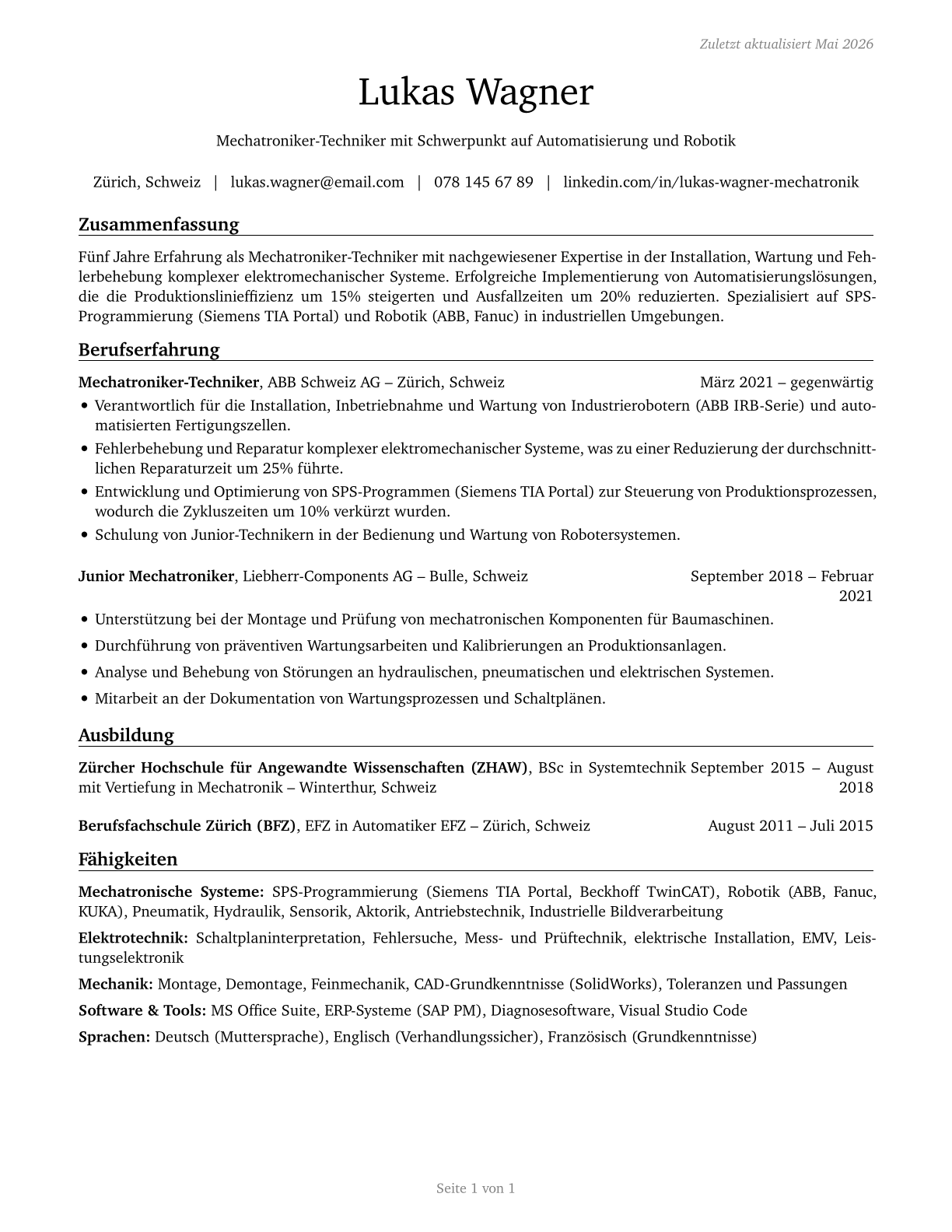 Electro-Mechanical and Mechatronics Technologists and Technicians CV in German — page 1
