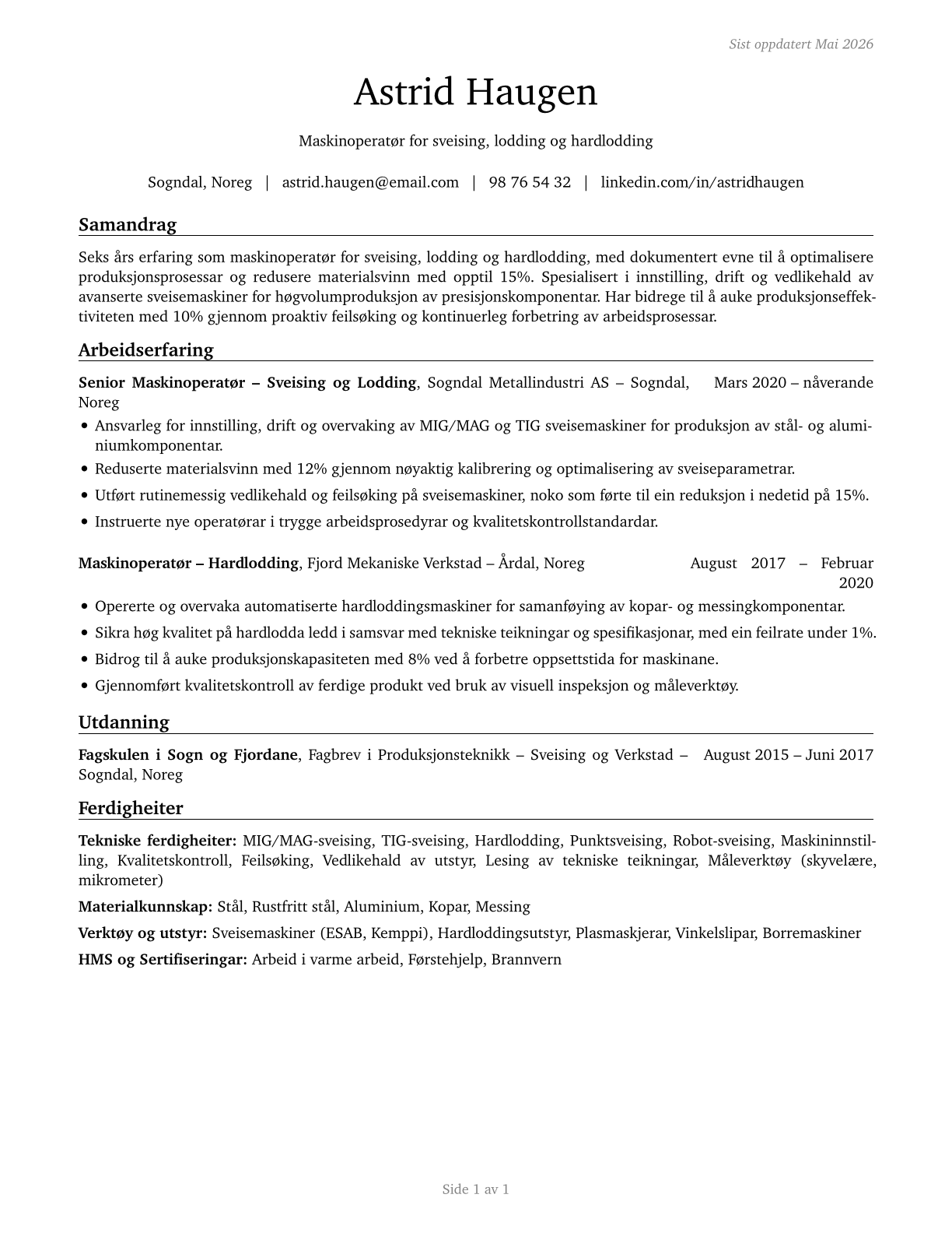 Welding, Soldering, and Brazing Machine Setters, Operators, and Tenders CV in Norwegian_nynorsk — page 1
