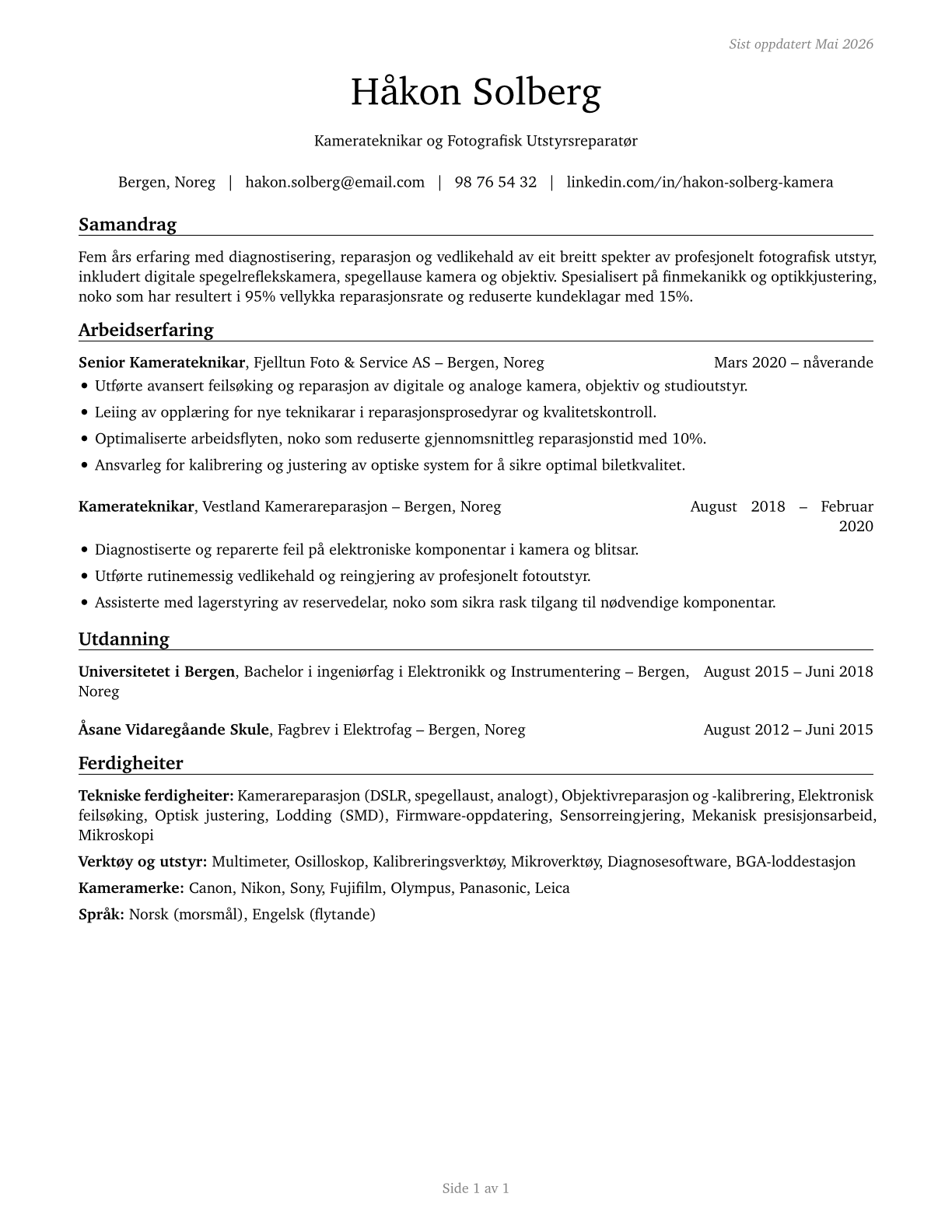 Camera and Photographic Equipment Repairers CV in Norwegian_nynorsk — page 1