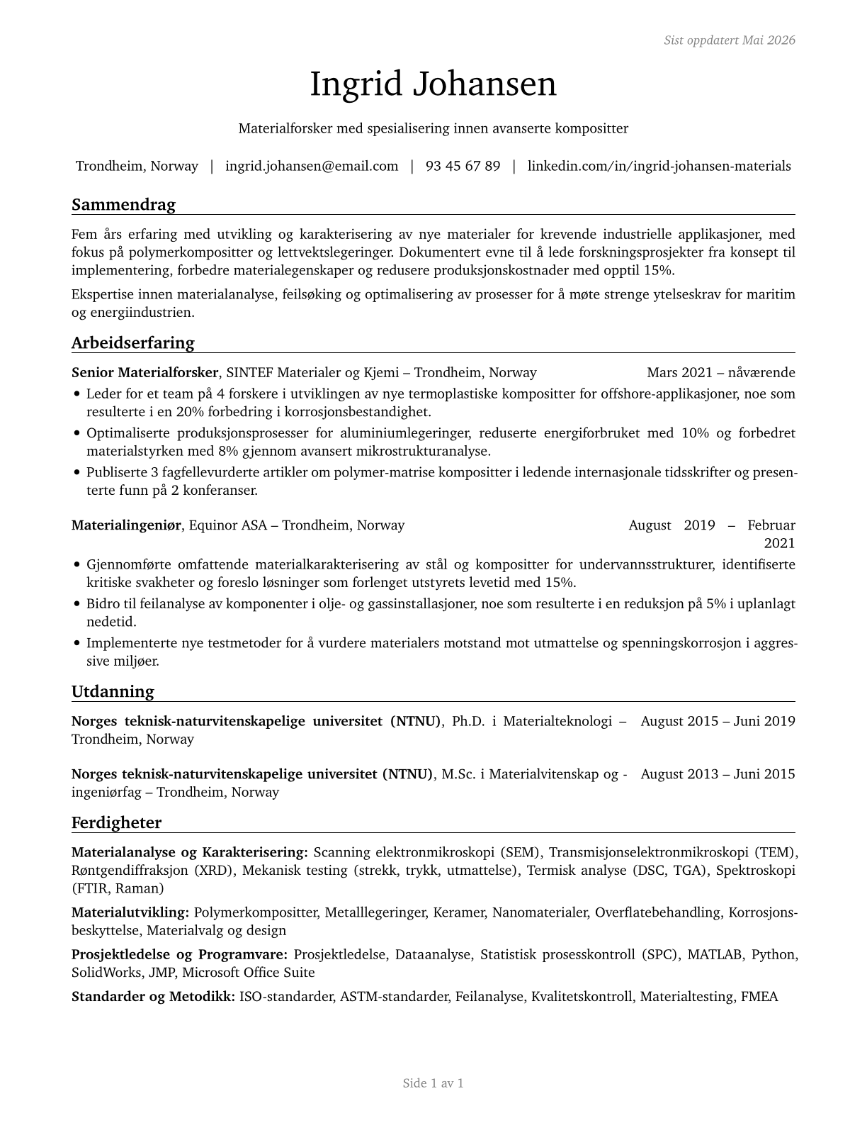 Materials Scientists CV in Norwegian_bokmal — page 1