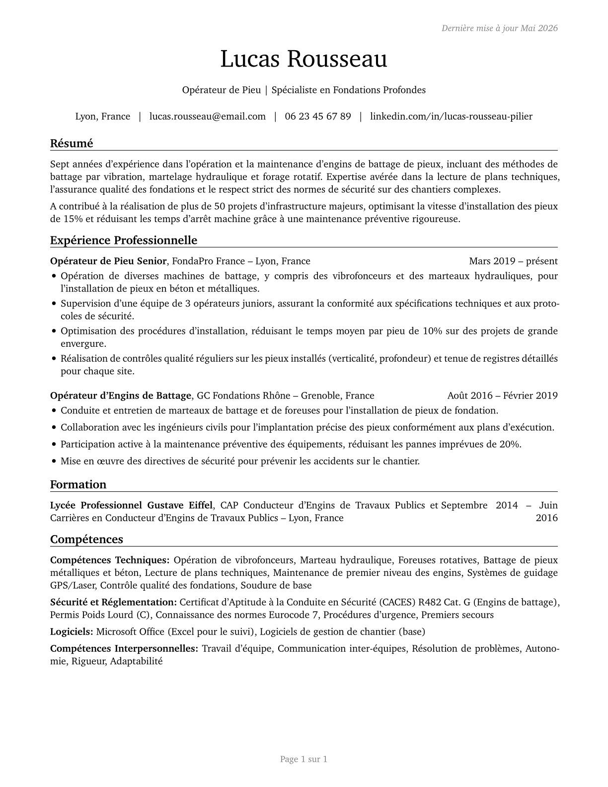 Pile Driver Operators CV in French — page 1