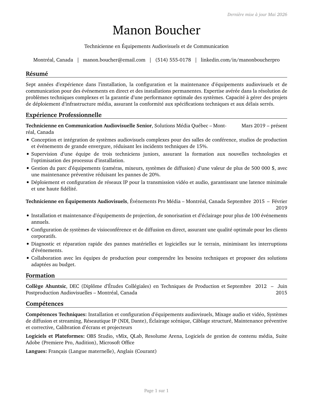 Media and Communication Equipment Workers, All Other CV in French — page 1
