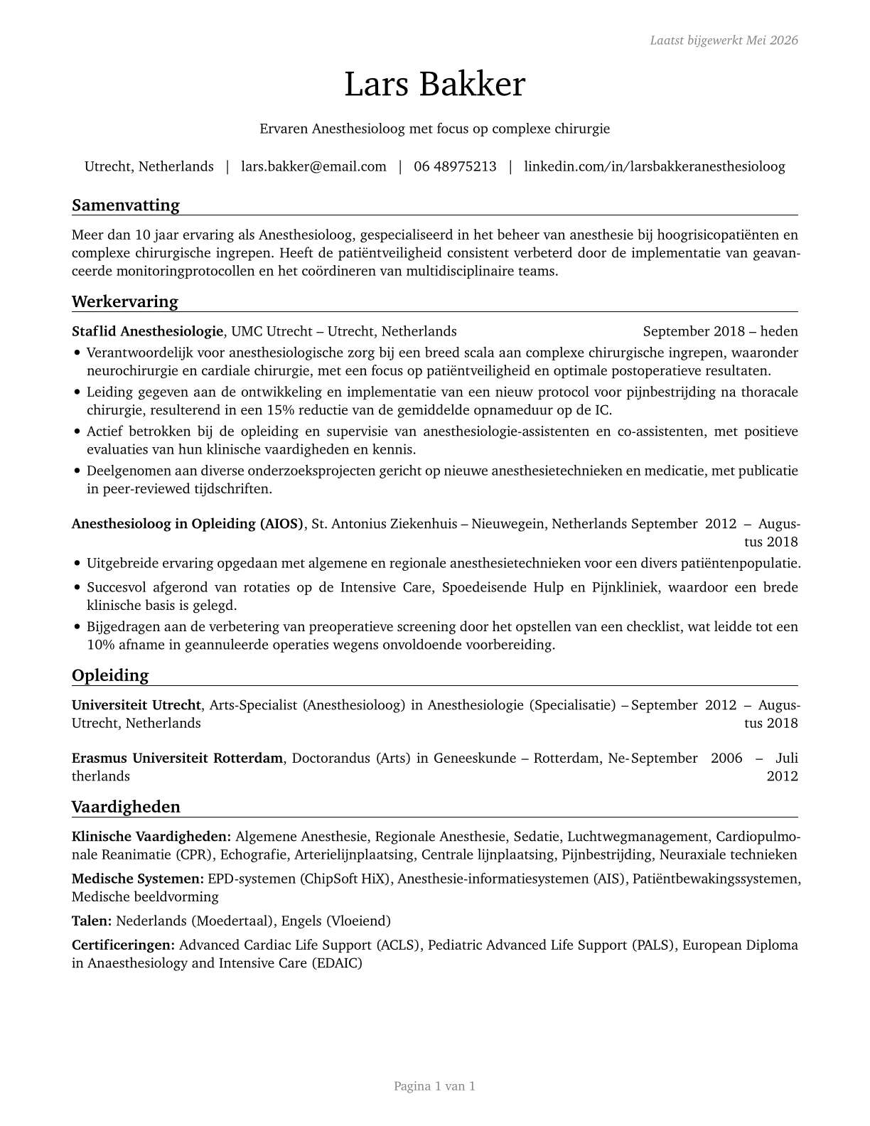 Anesthesiologists CV in Dutch — page 1