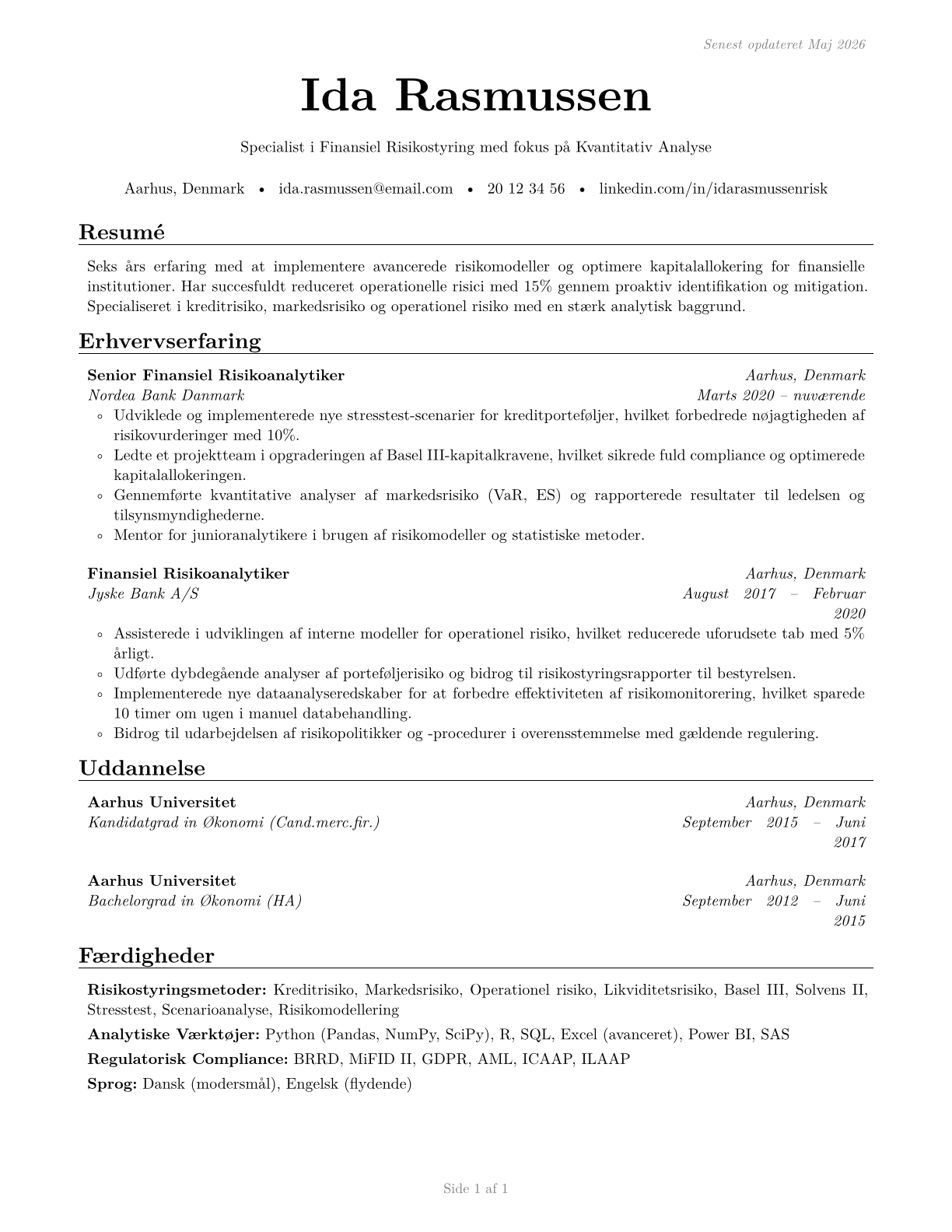 Financial Risk Specialists CV in Danish — page 1