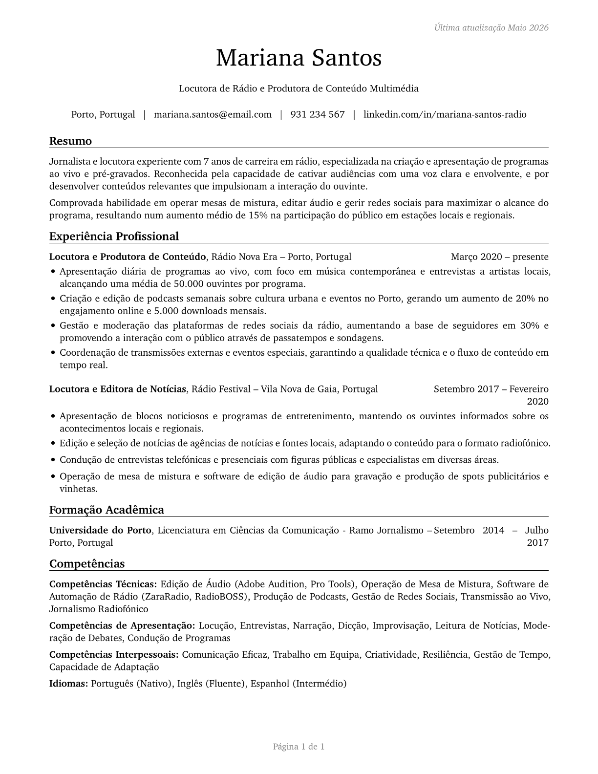 Broadcast Announcers and Radio Disc Jockeys CV in Portuguese — page 1