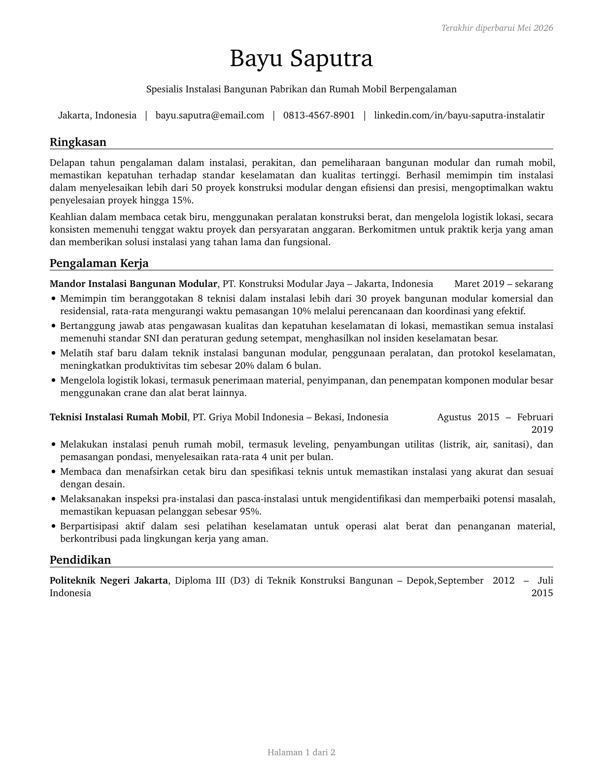 Manufactured Building and Mobile Home Installers CV in Indonesian — page 1