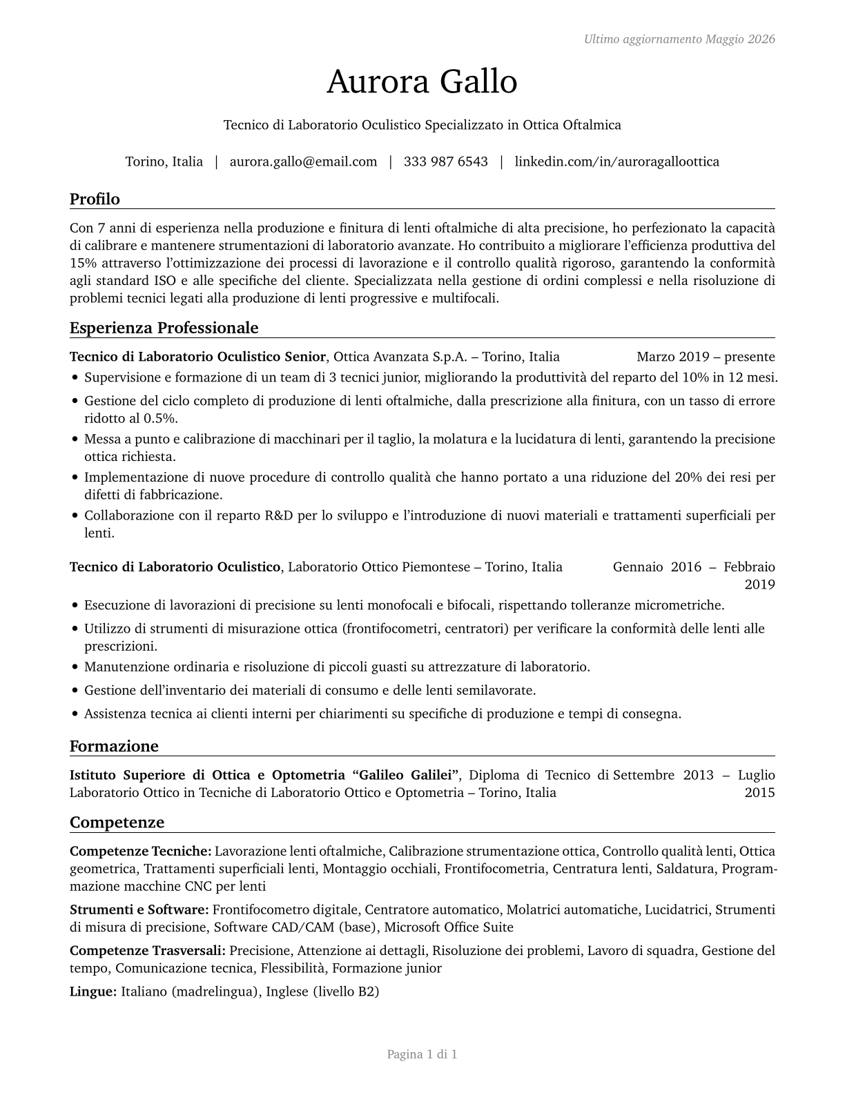 Ophthalmic Laboratory Technicians CV in Italian — page 1