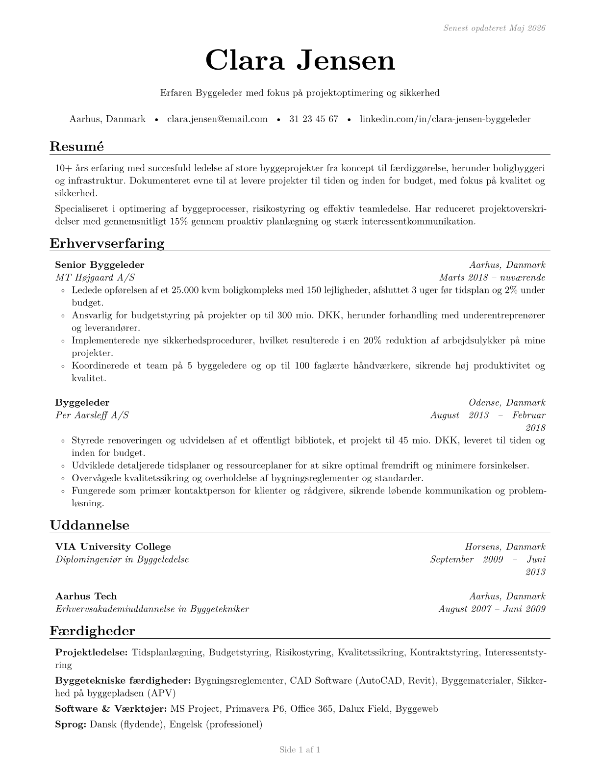 Construction Managers CV in Danish — page 1