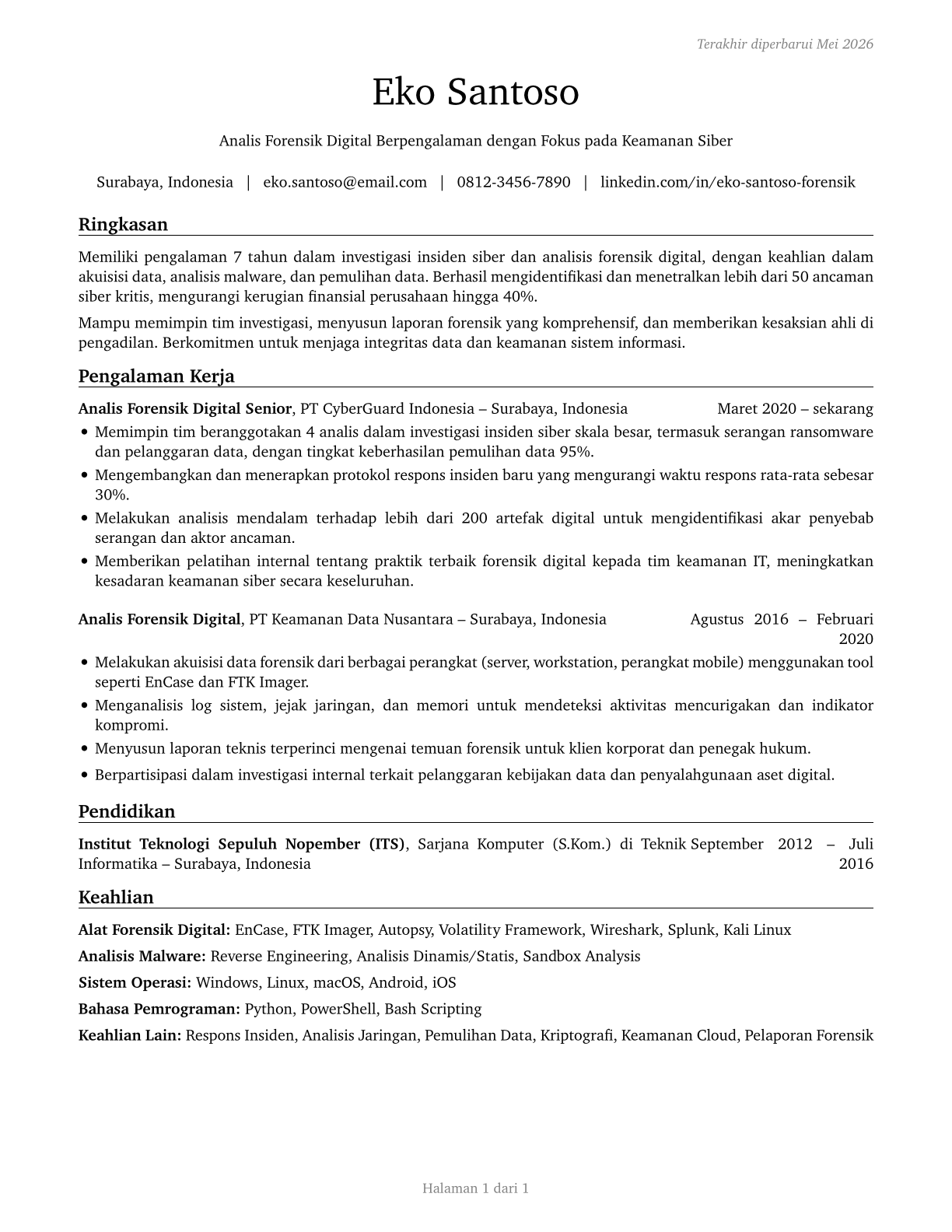 Digital Forensics Analysts CV in Indonesian — page 1
