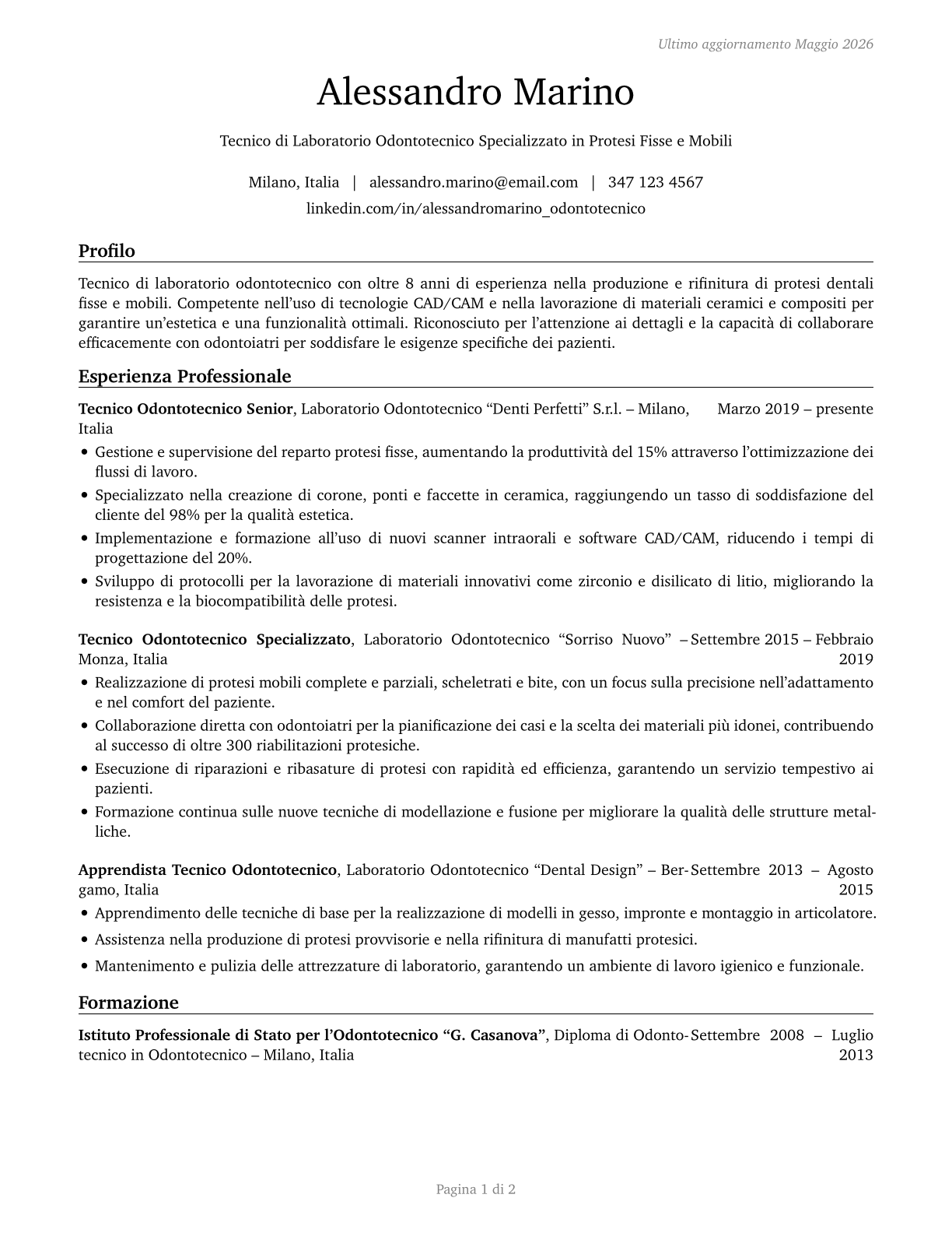 Dental Laboratory Technicians CV in Italian — page 1