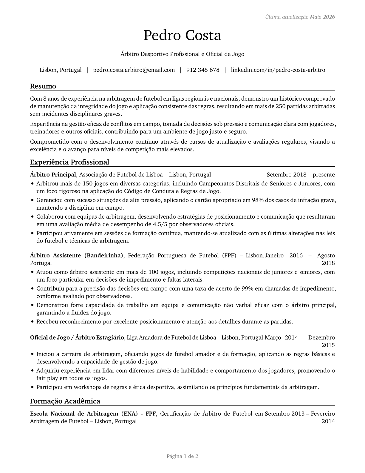 Umpires, Referees, and Other Sports Officials CV in Portuguese — page 1