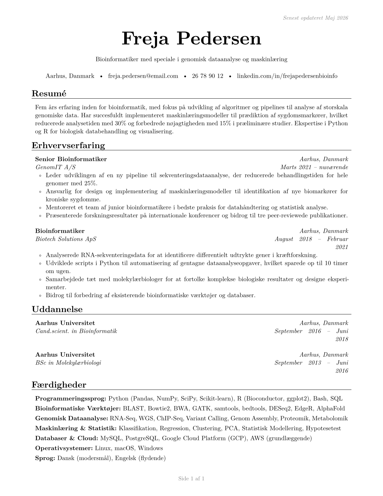 Bioinformatics Scientists CV in Danish — page 1