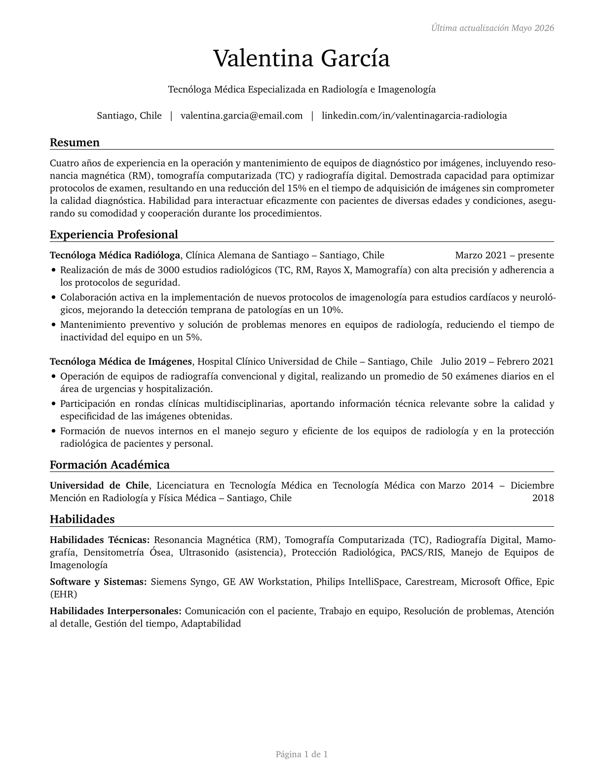 Radiologic Technologists and Technicians CV in Spanish — page 1