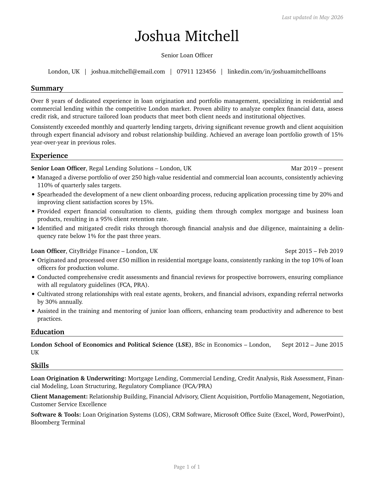 Loan Officers CV in English — page 1