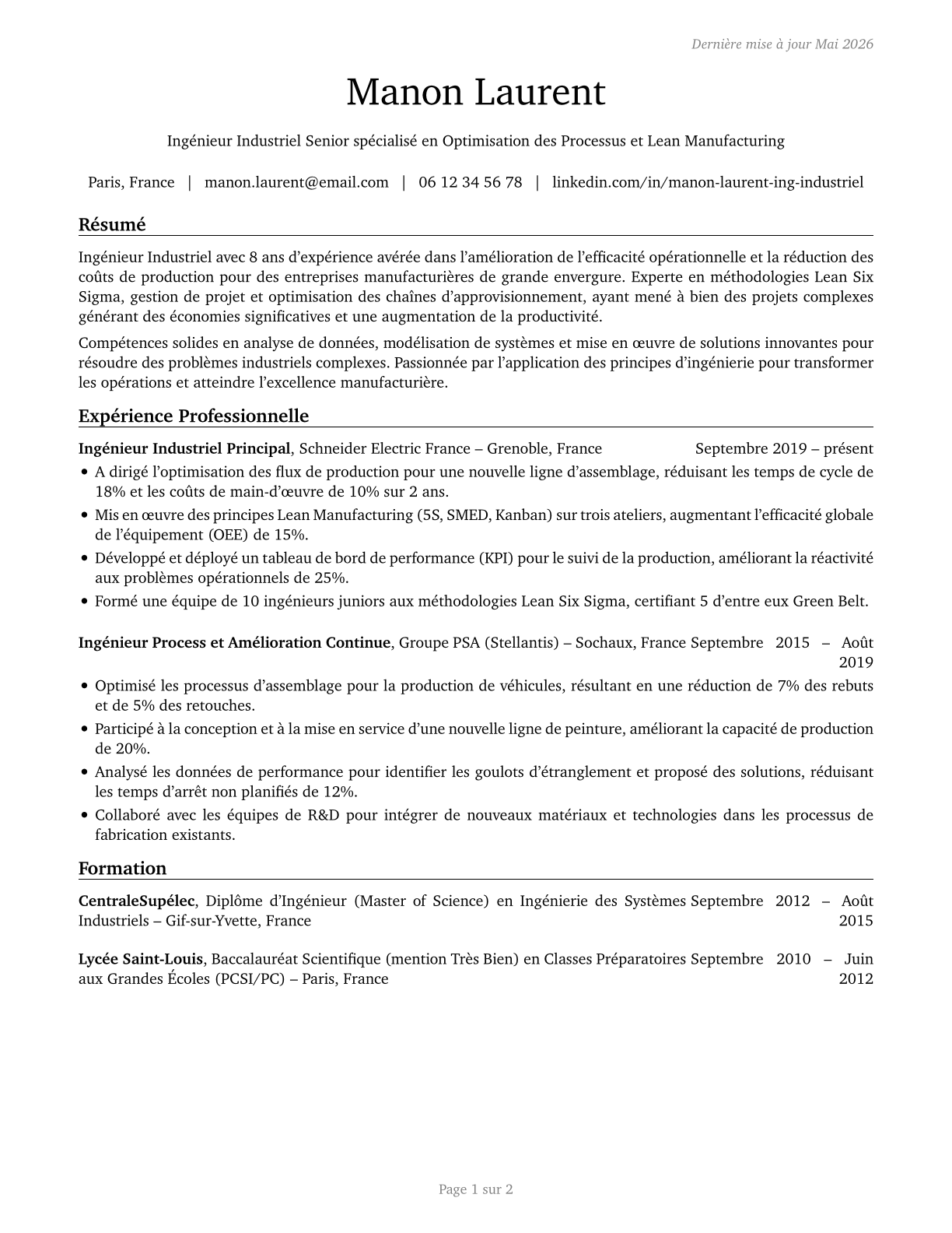 Industrial Engineers CV in French — page 1