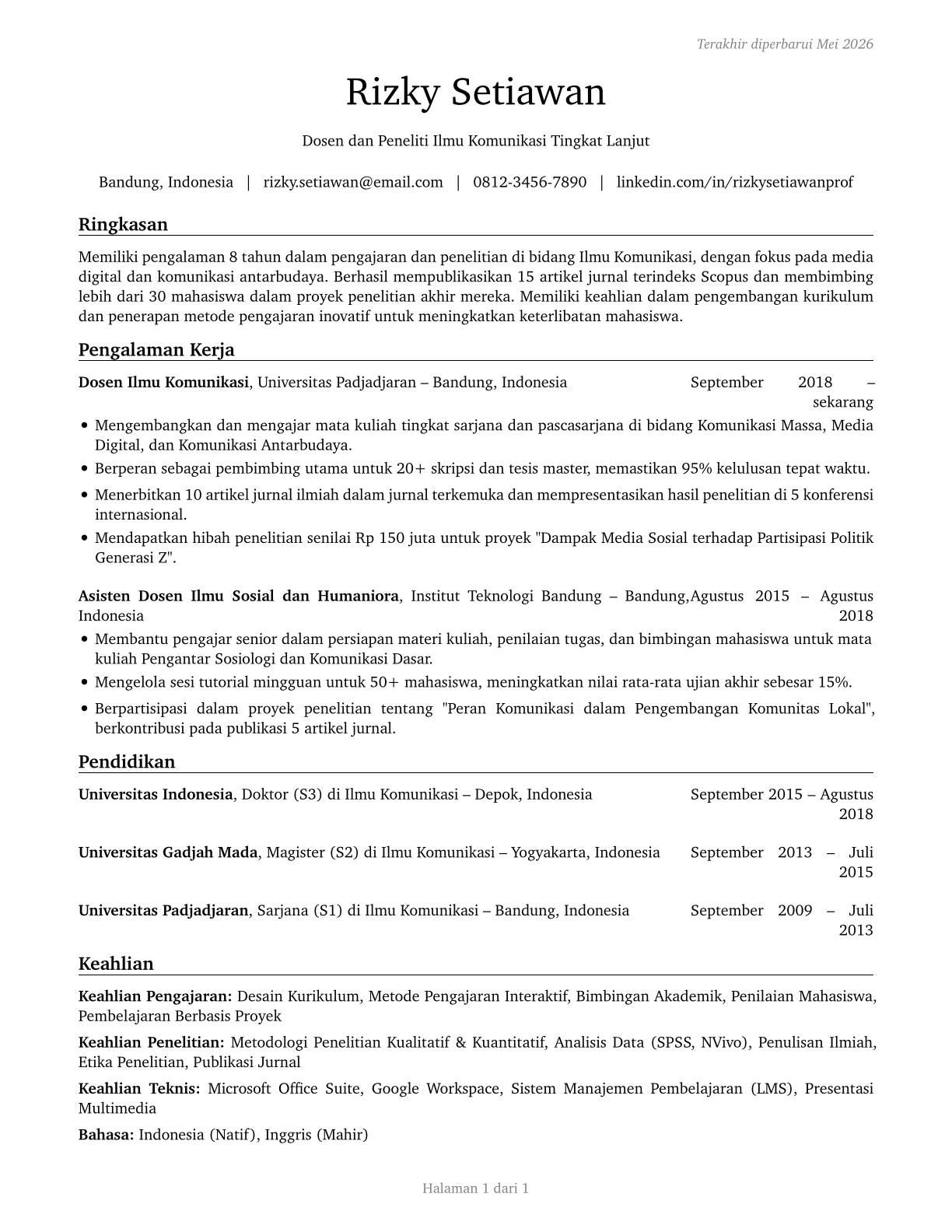 Postsecondary Teachers, All Other CV in Indonesian — page 1