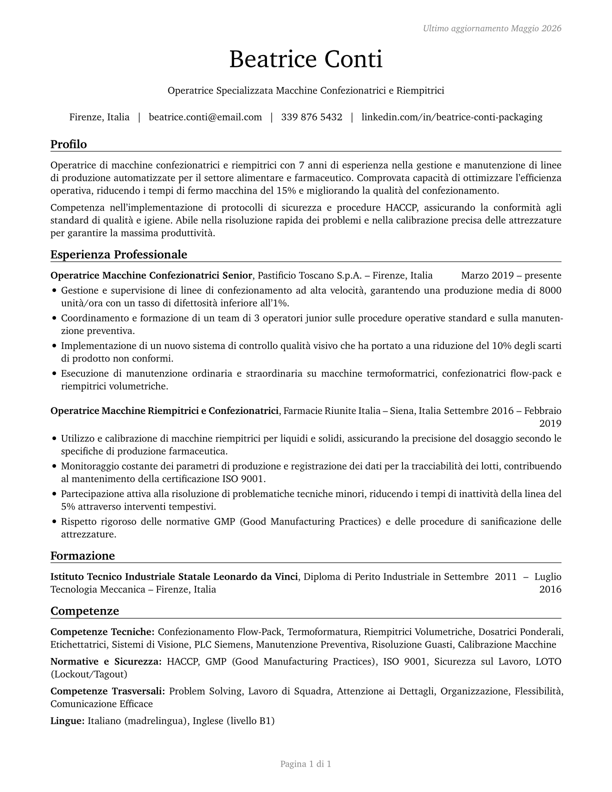 Packaging and Filling Machine Operators and Tenders CV in Italian — page 1