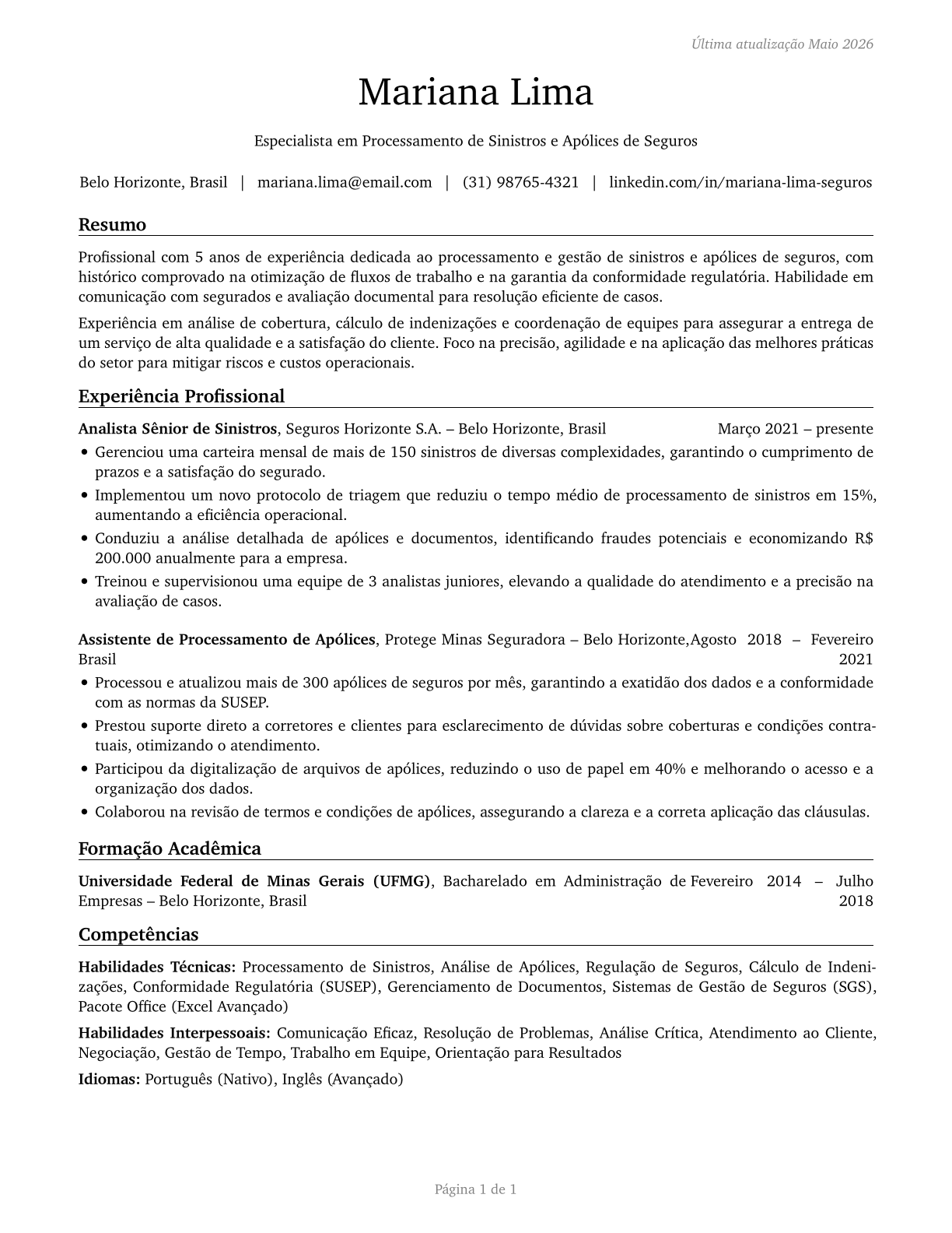 Insurance Claims and Policy Processing Clerks CV in Portuguese — page 1