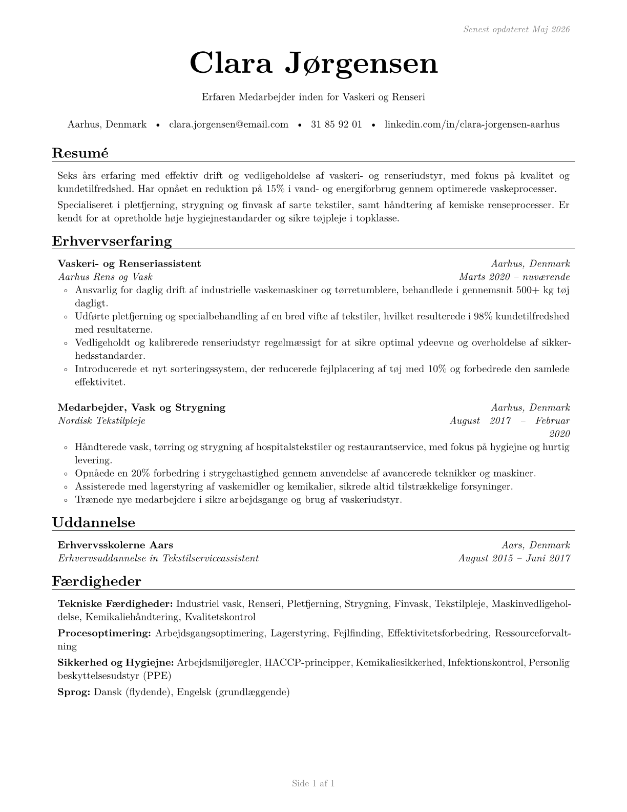 Laundry and Dry-Cleaning Workers CV in Danish — page 1