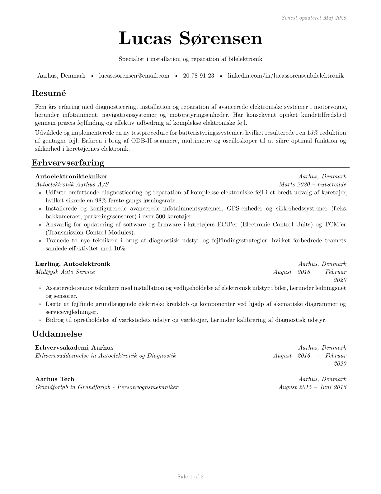 Electronic Equipment Installers and Repairers, Motor Vehicles CV in Danish — page 1