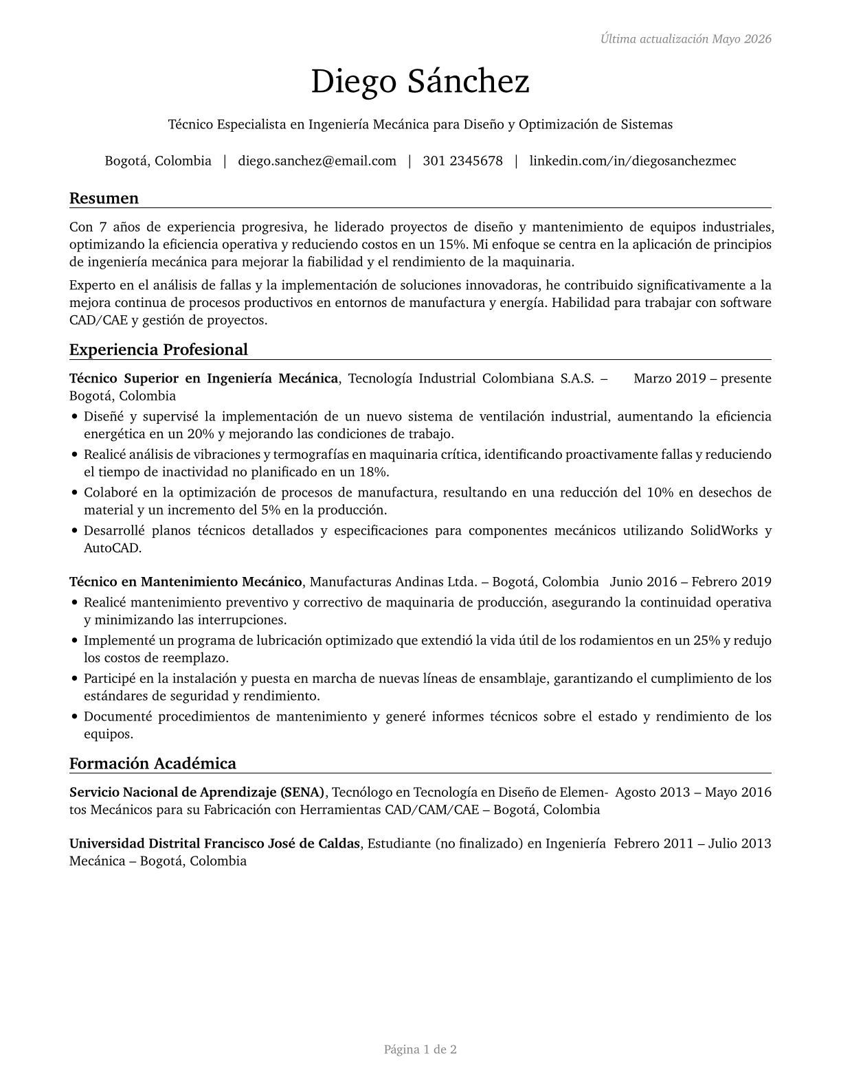 Mechanical Engineering Technologists and Technicians CV in Spanish — page 1