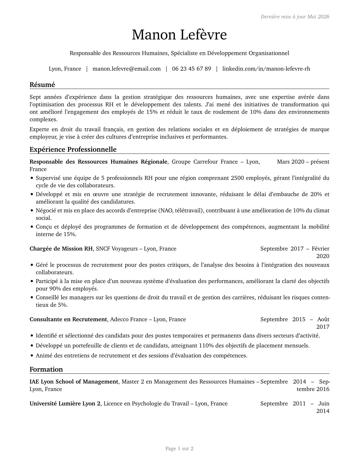 Human Resources Managers CV in French — page 1