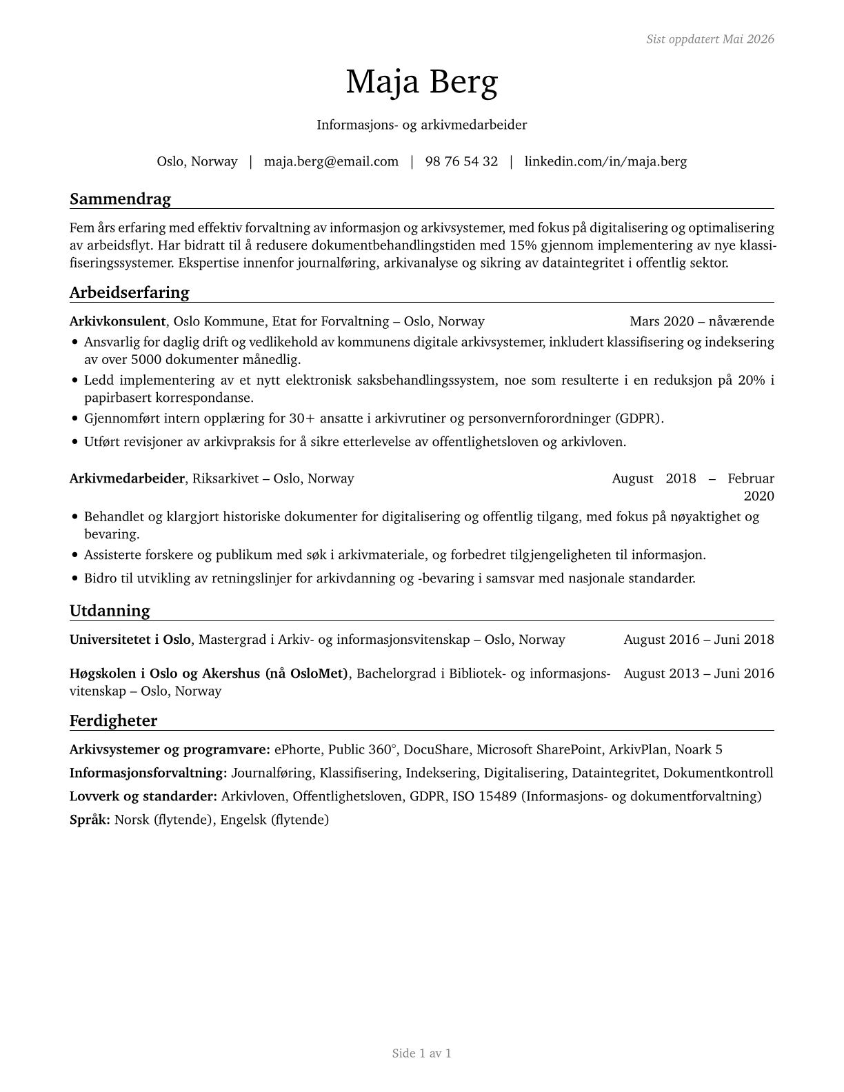 Information and Record Clerks, All Other CV in Norwegian_bokmal — page 1