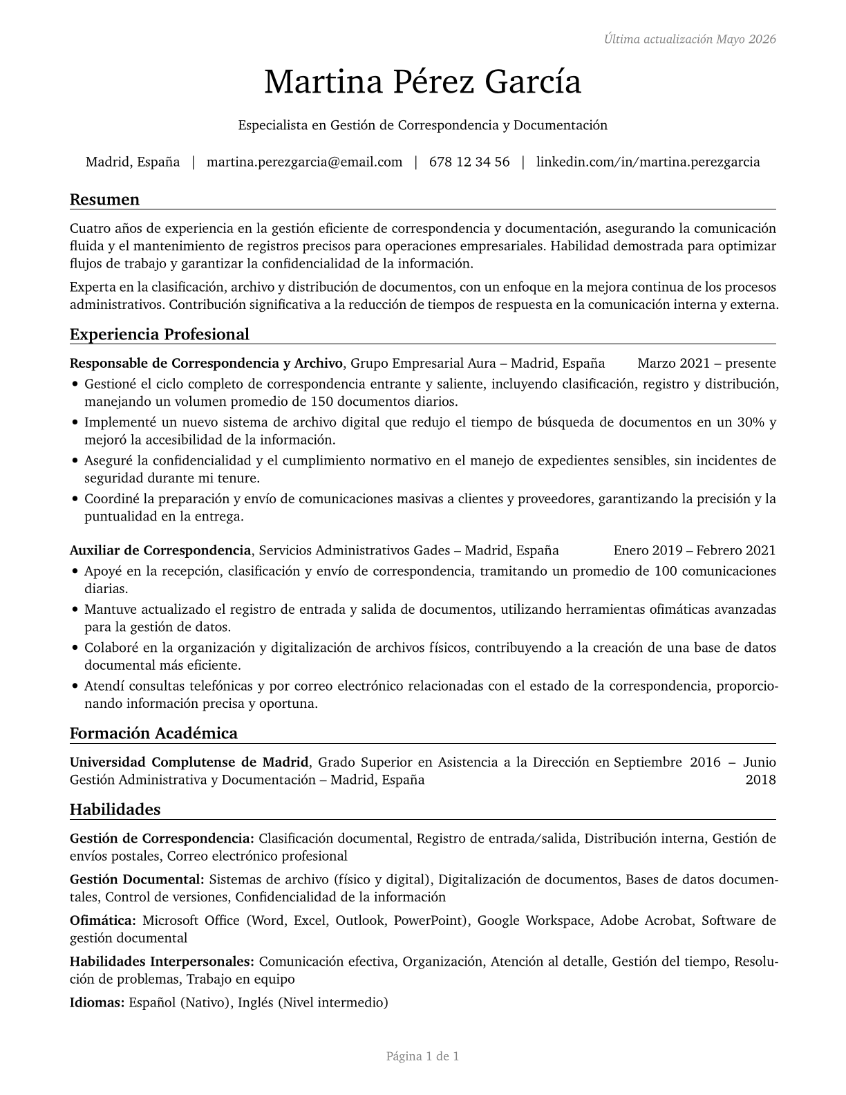 Correspondence Clerks CV in Spanish — page 1