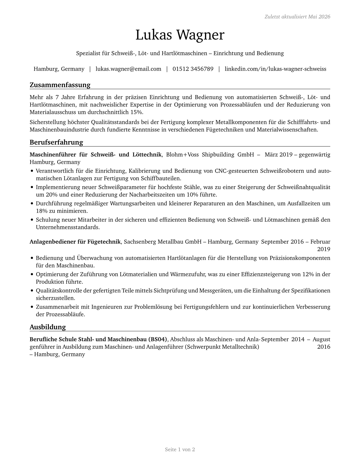Welding, Soldering, and Brazing Machine Setters, Operators, and Tenders CV in German — page 1