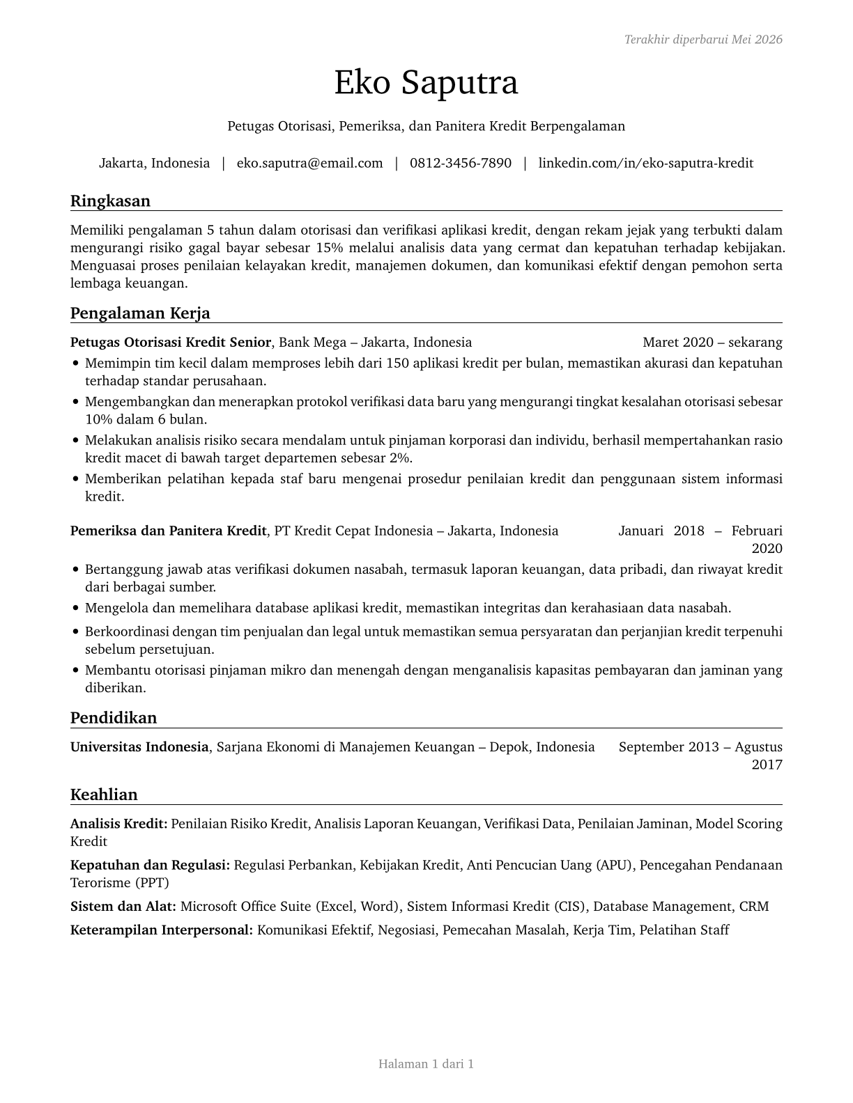 Credit Authorizers, Checkers, and Clerks CV in Indonesian — page 1