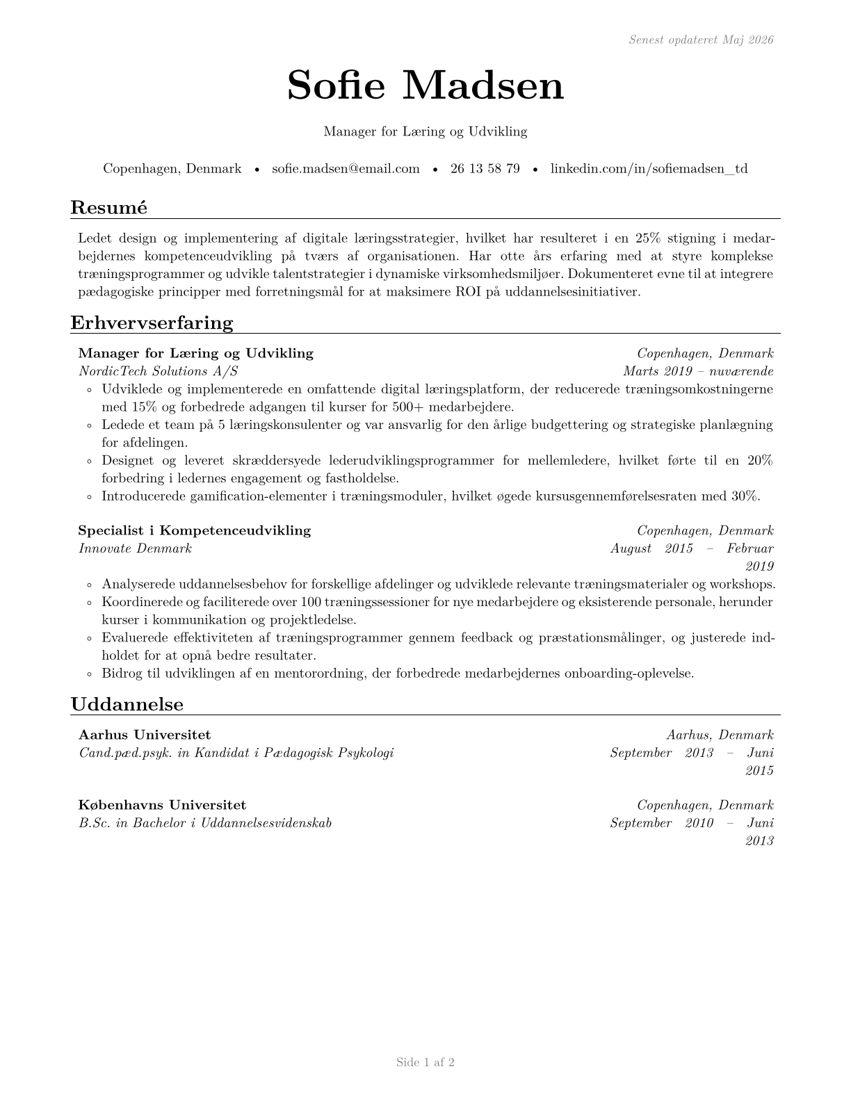 Training and Development Managers CV in Danish — page 1