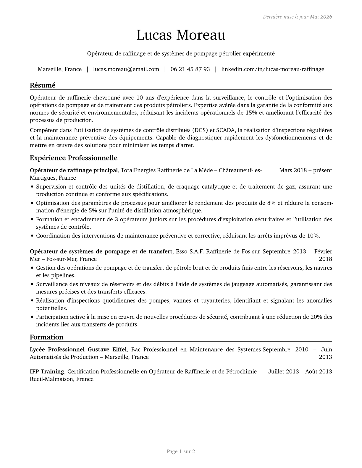 Petroleum Pump System Operators, Refinery Operators, and Gaugers CV in French — page 1