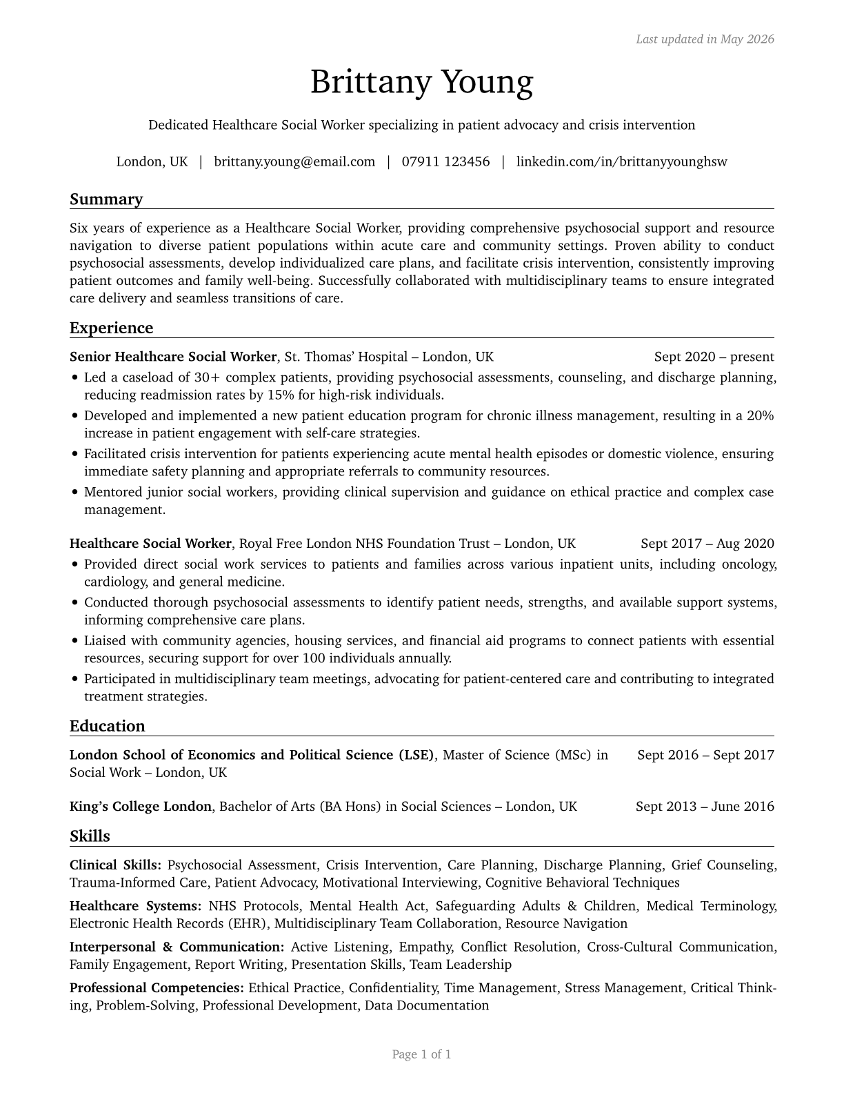 Healthcare Social Workers CV in English — page 1