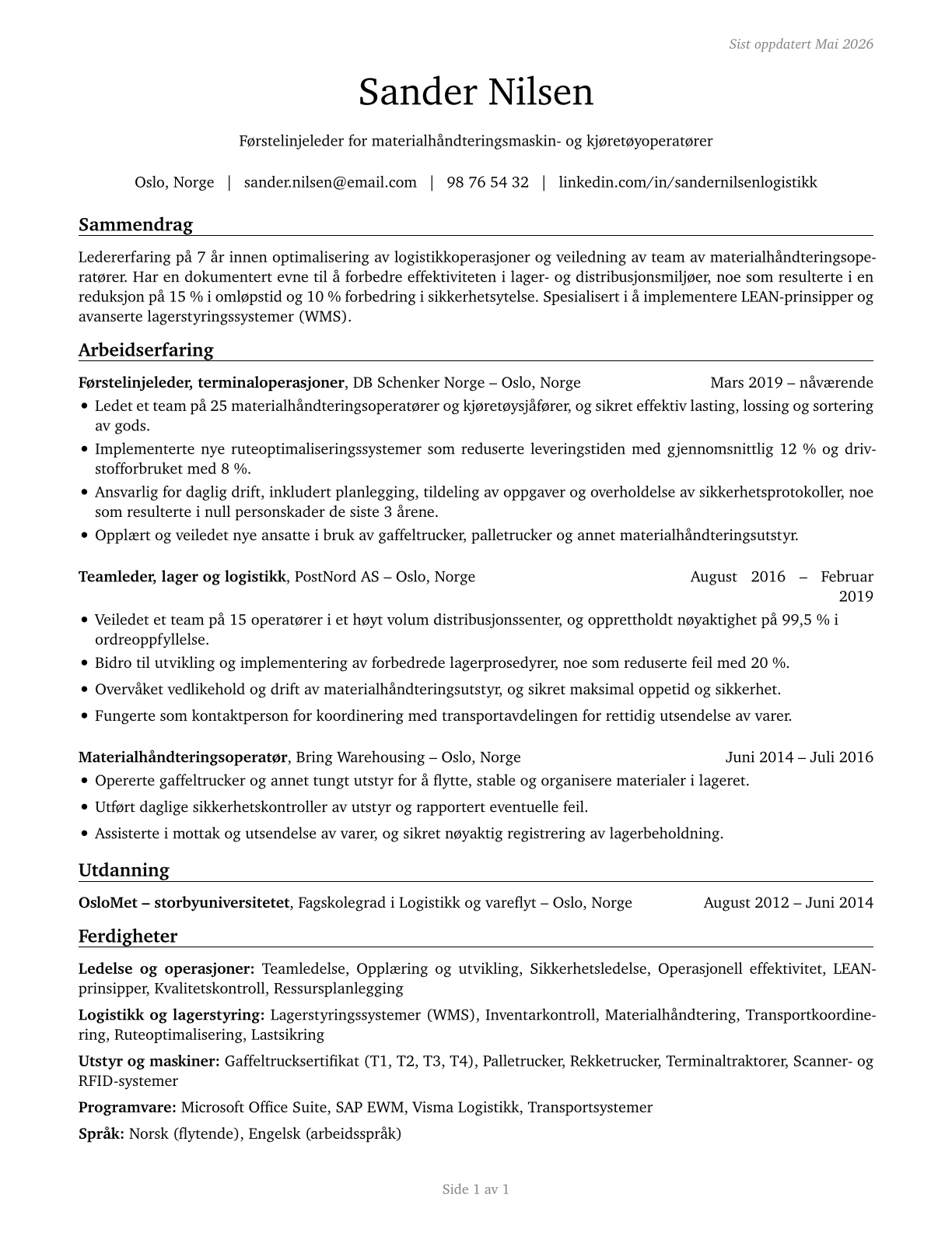 First-Line Supervisors of Material-Moving Machine and Vehicle Operators CV in Norwegian_bokmal — page 1