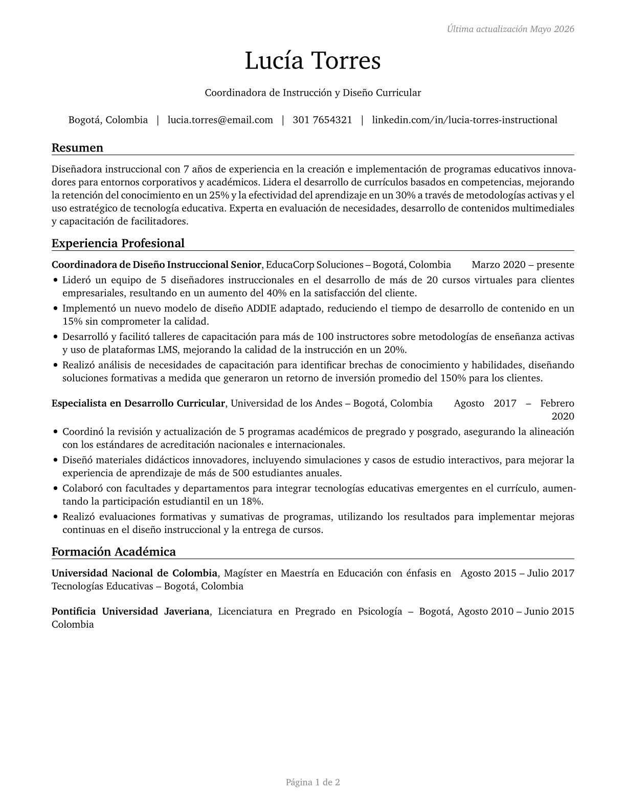 Instructional Coordinators CV in Spanish — page 1