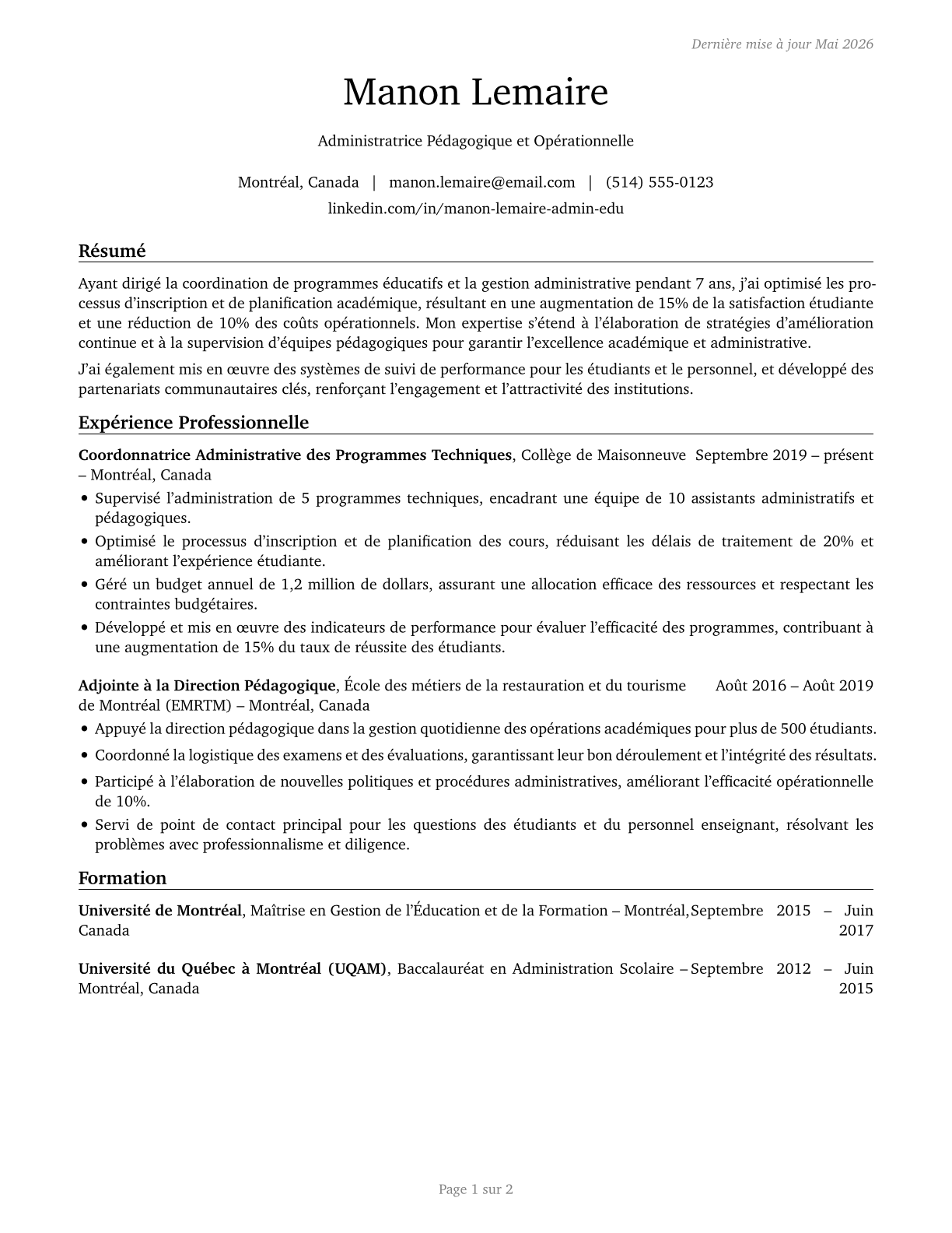 Education Administrators, All Other CV in French — page 1