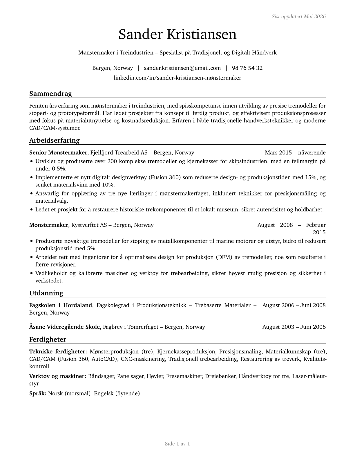 Patternmakers, Wood CV in Norwegian_bokmal — page 1