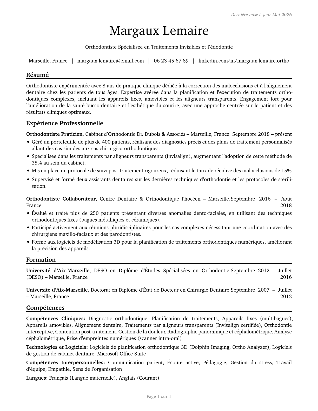 Orthodontists CV in French — page 1